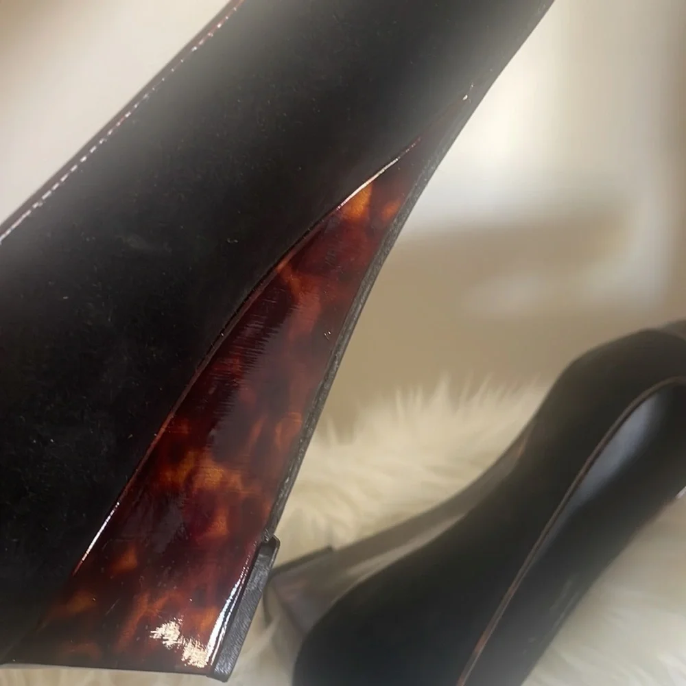 Stuart Weitzman wedge flat brown marble patent and black suede vintage Sz 9M